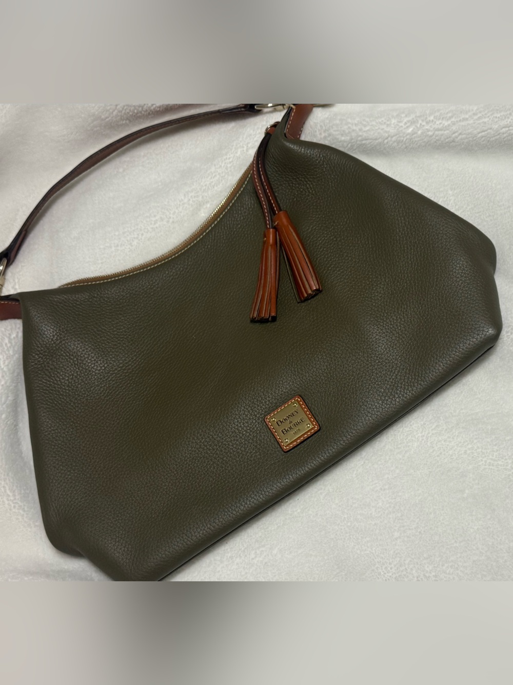 Dooney & Bourke Olive Leather Shoulder Bag with Brown Trim and Tassels